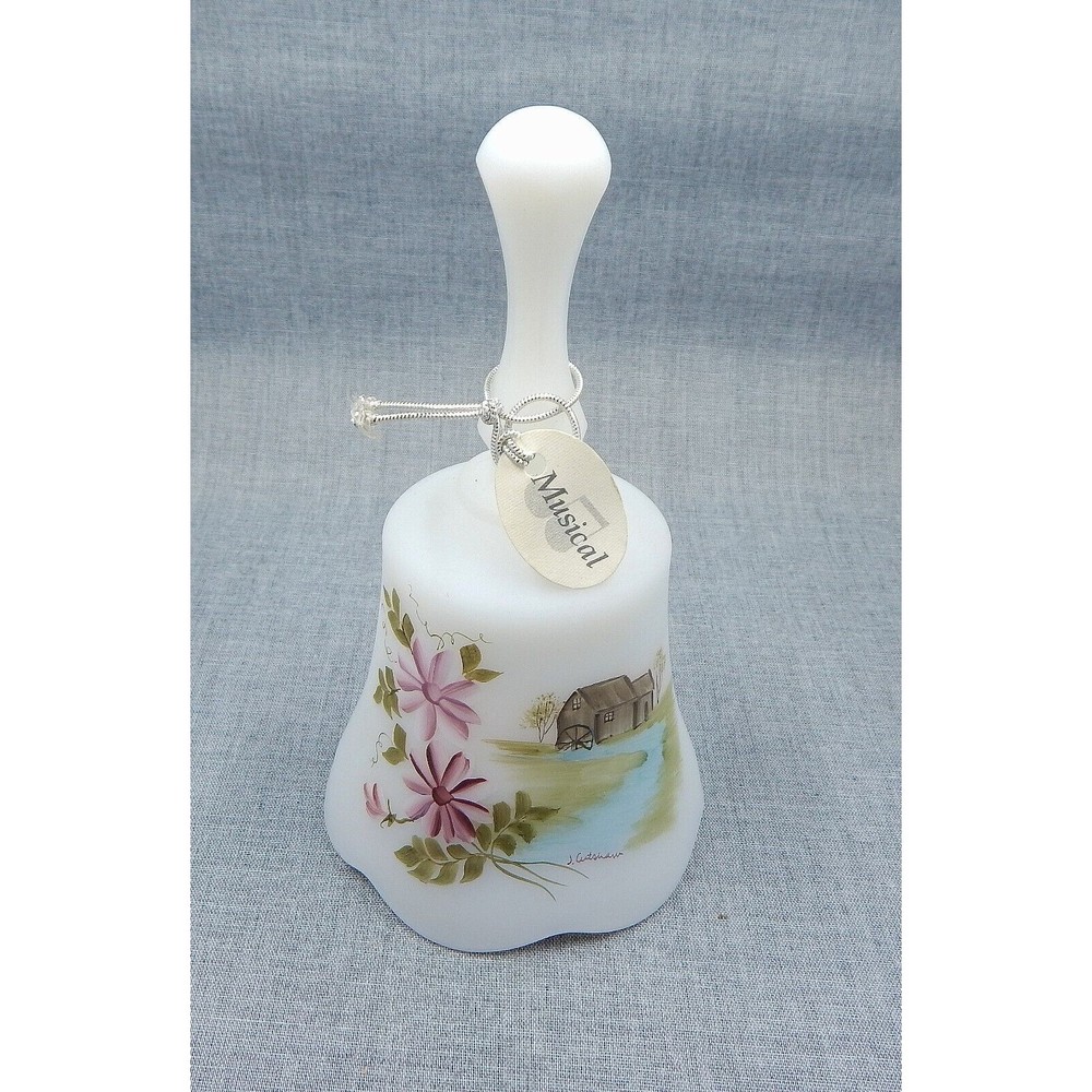 Fenton White Satin Glass Bell Hand-Painted Love Poem Music Box Floral Signed